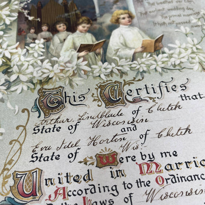 1911 Marriage Certificate Arthur Lindblade & Eva Idel Harton Chetek WI 11x15 FL3
