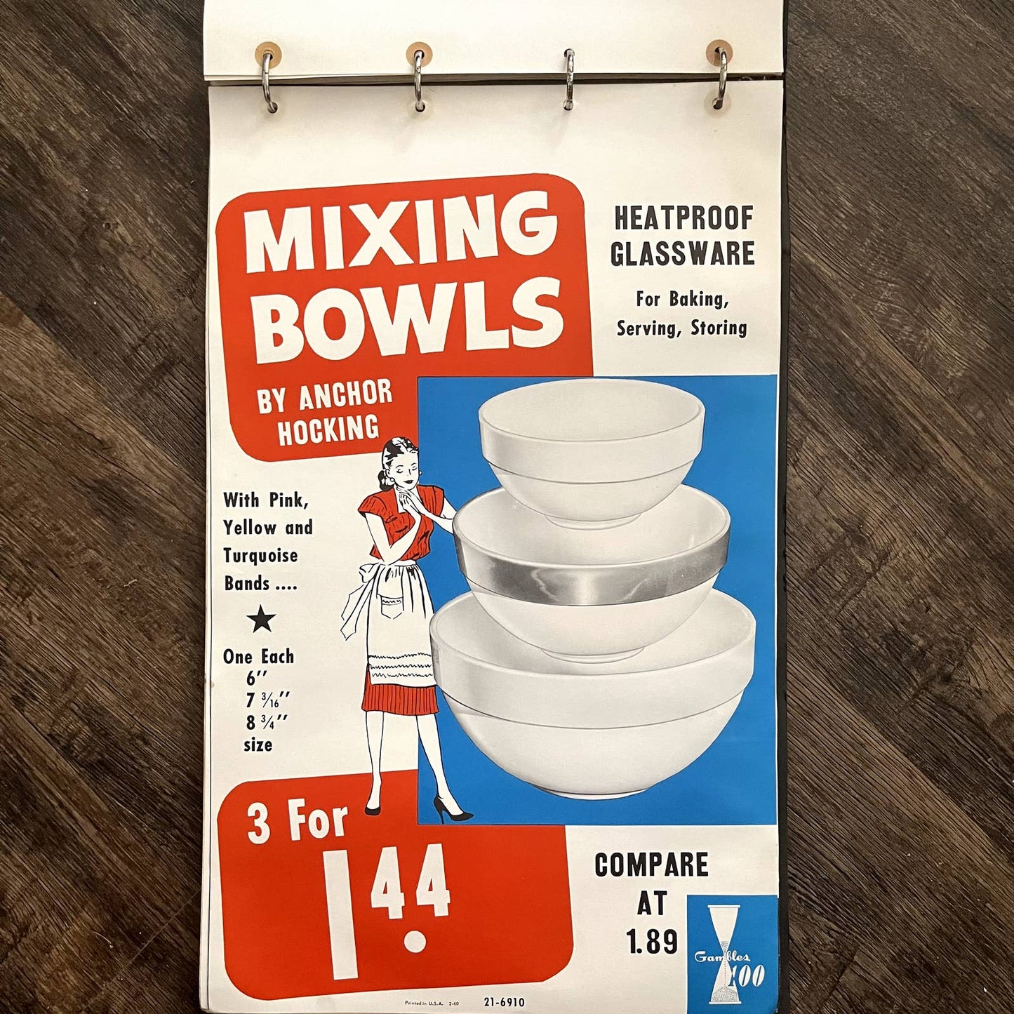 1960 Anchor Hocking Mixing Bowls Gambles 100 Retail Store Display Poster 13.5x20