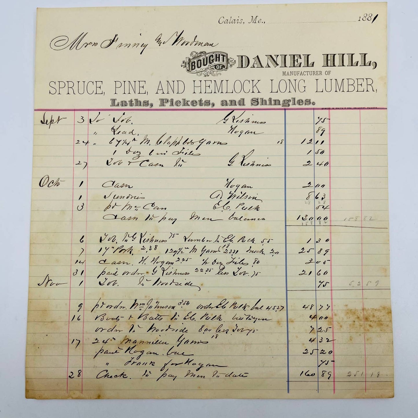 1881 Daniel Hill Lumber Calais ME Billhead Letterhead Receipt AA4