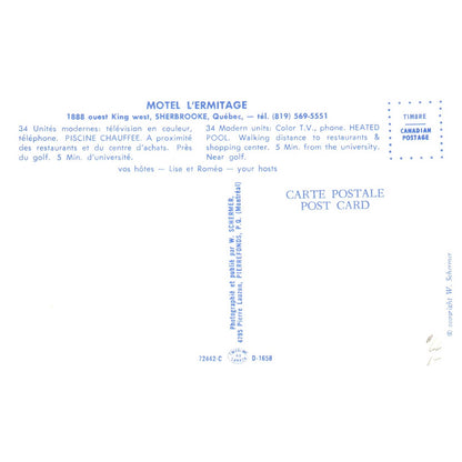 Motel L'Ermitage Sherbrooke Quebec Canada - Postcard TJ8-1