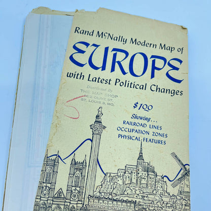 1950s RAND MCNALLY MODERN MAP OF EUROPE Railroads and Occupation Zones D7