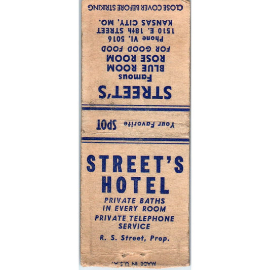 Street's Hotel Blue & Rose Room Kansas City Advertising Matchbook Cover SA9-M3