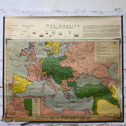 LARGE WWI 1956 Denoyer-Geppert Co. Wall Map European Area in WWI 1914-1918