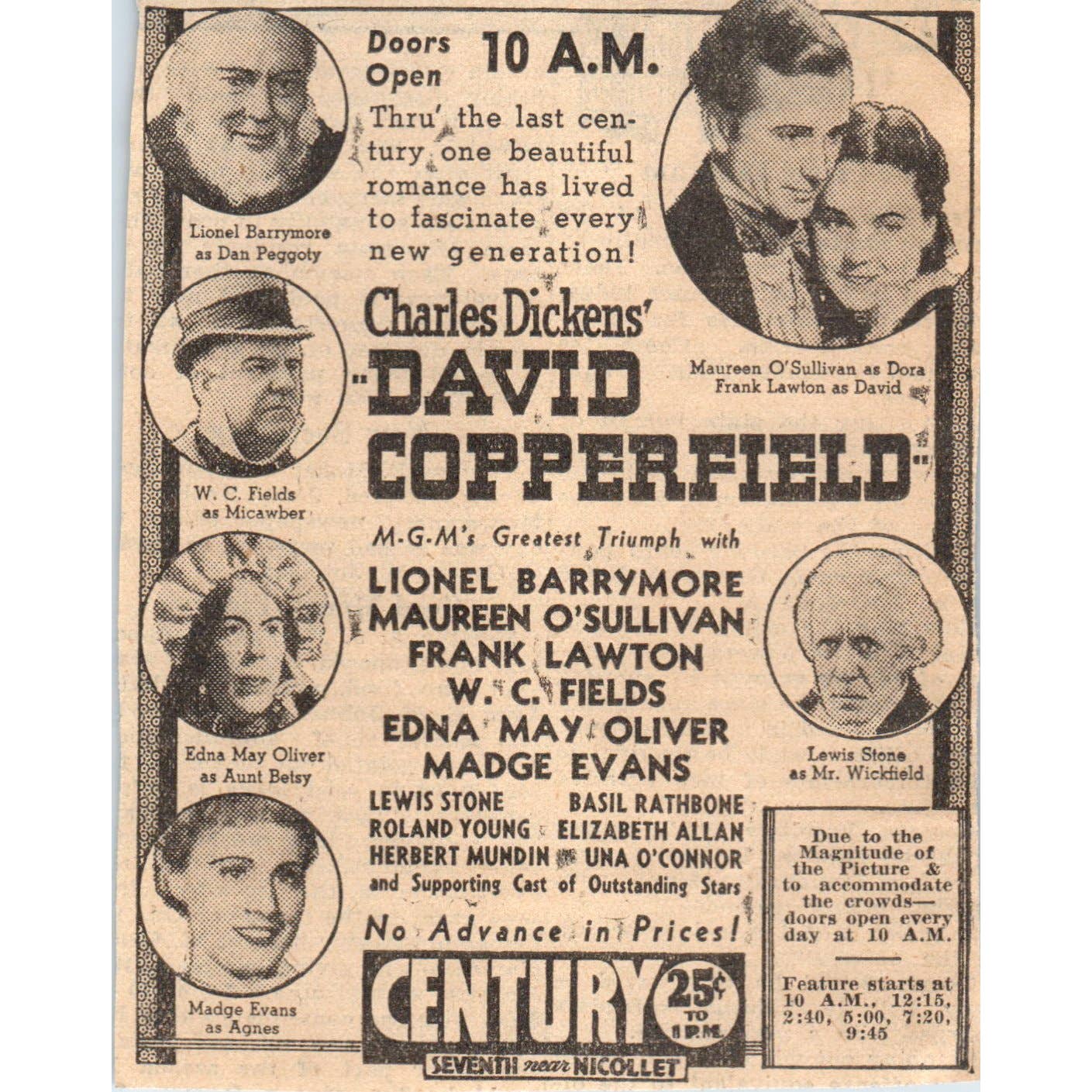 1935 Mpls Journal Newspaper Ad Nicollet Century Theatre - David Copperfield FL5-5