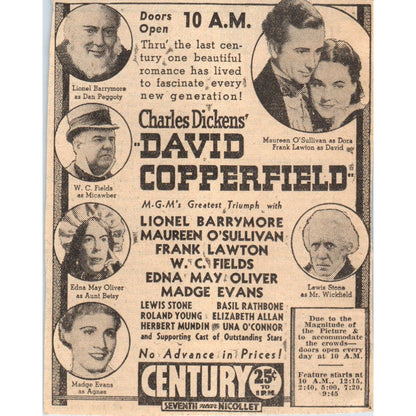 1935 Mpls Journal Newspaper Ad Nicollet Century Theatre - David Copperfield FL5-5