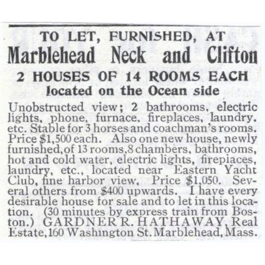 Marblehead Neck & Clifton Houses Gardner R. Hathaway MA 1903 Original Ad TJ7-S9