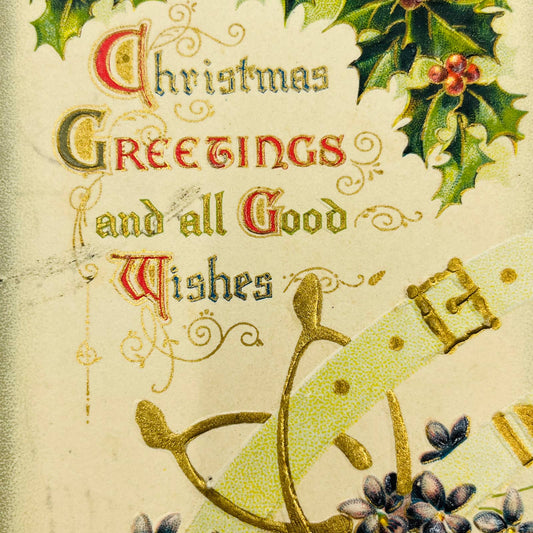 1910s Christmas Post Card WINSCH Back Embossed Belt Wishbone Dresden Holly PA4