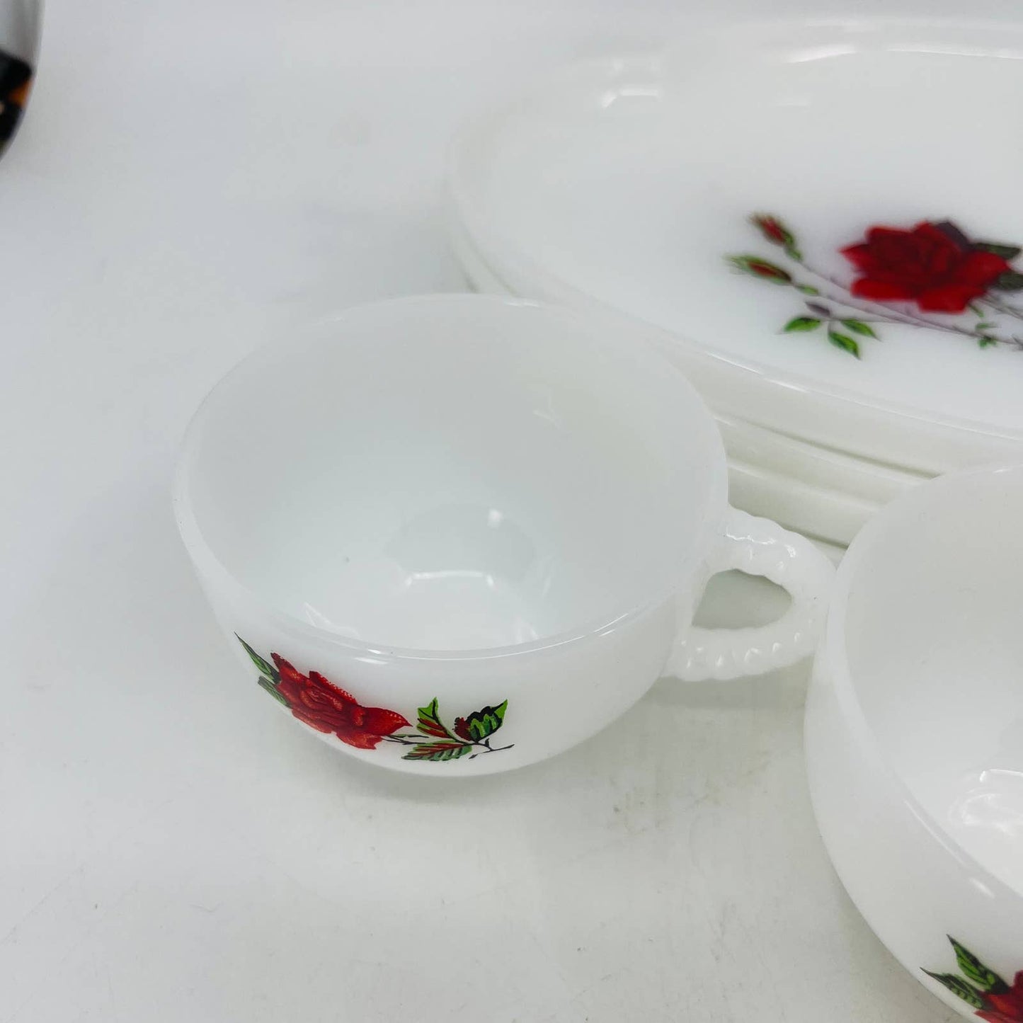 Vintage MCM Atomic 8 Piece Federal Milk Glass Rosecrest Snack Set Roses TC4