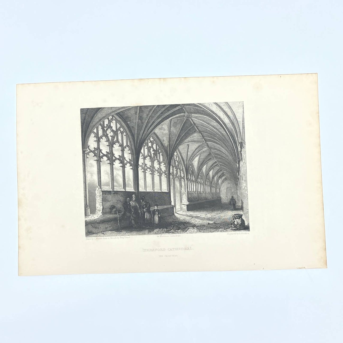 1842 Original Art Engraving Hereford Cathedral View of the Cloisters AC6