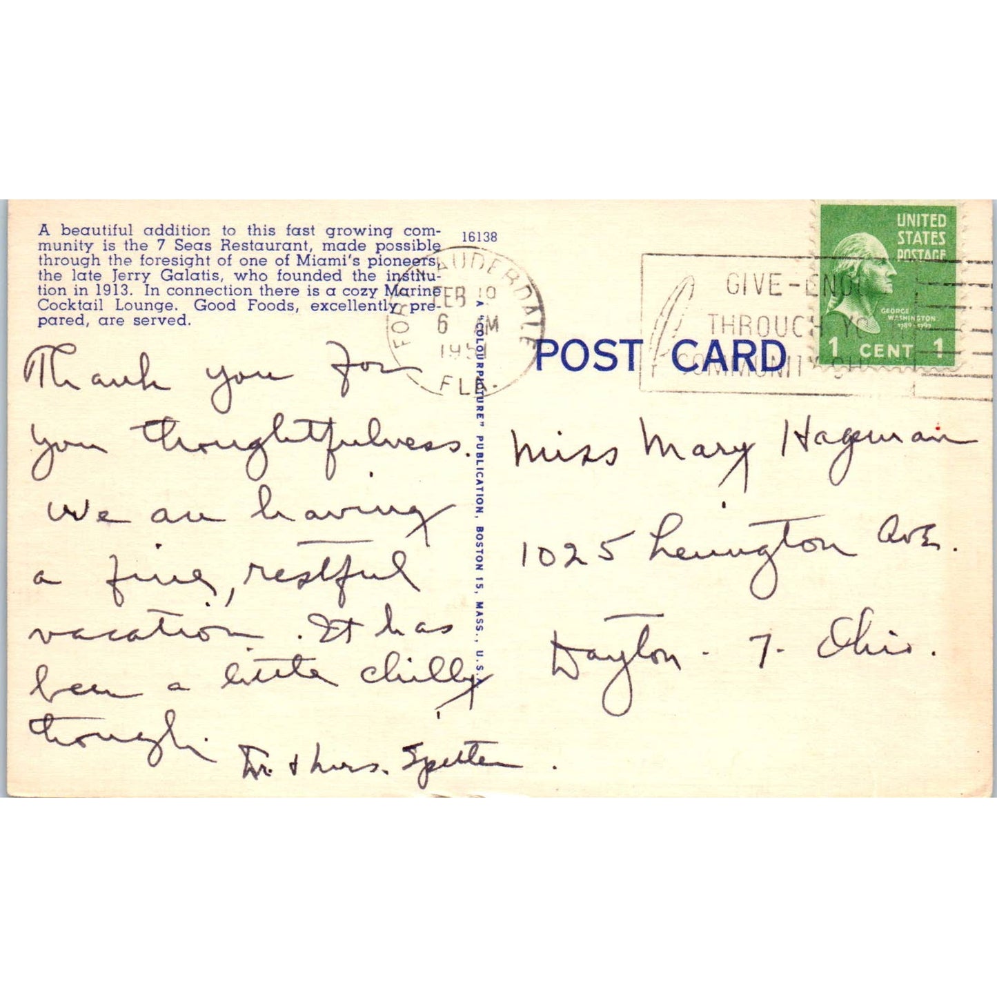 Seven Seas Restaurant Miami FL 1951 - Original Postcard TJ7-RP2