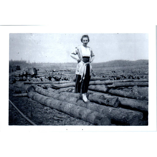 1940s Photo of Woman Standing on Logs in Lumberjack Logging Camp 3x5 SE5