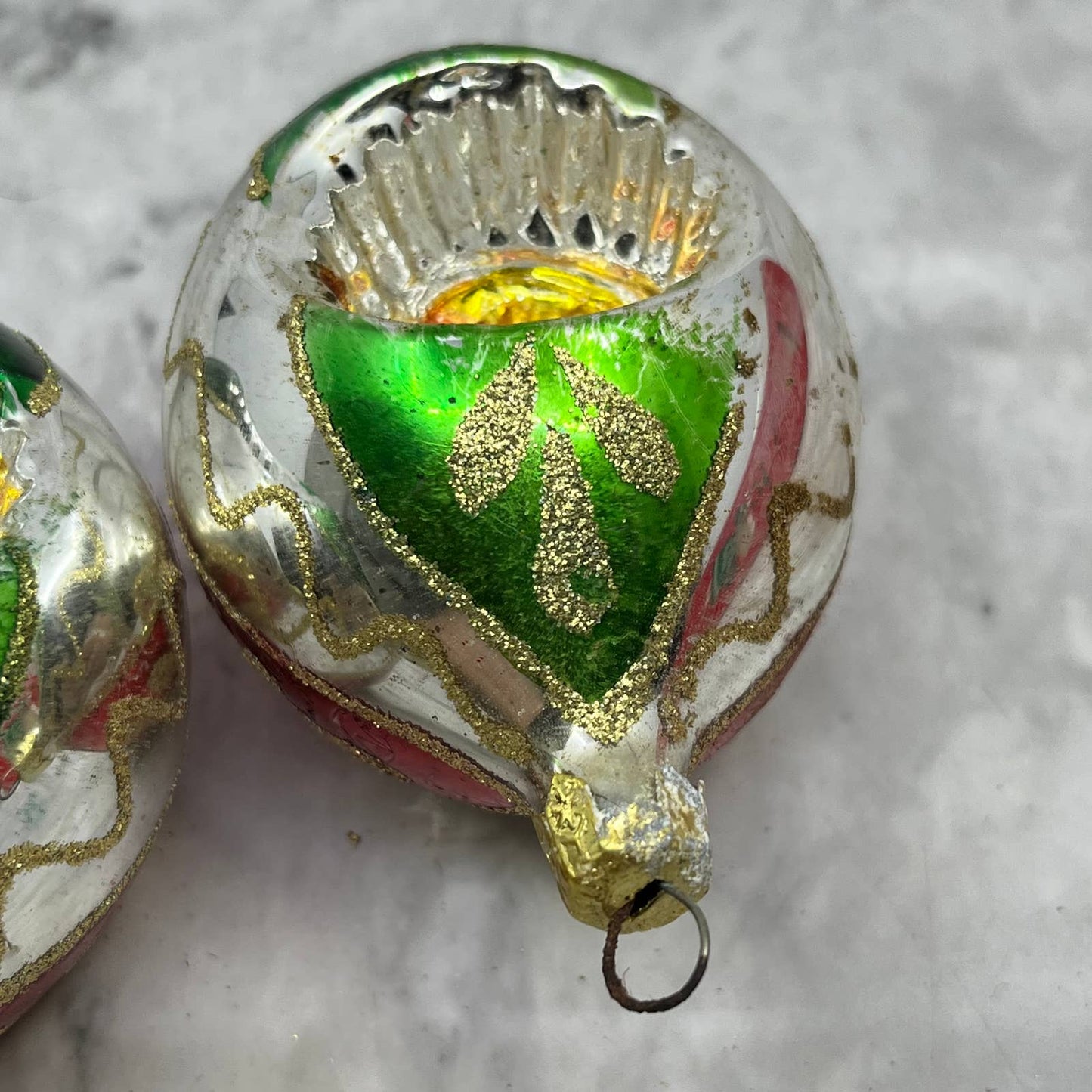 Lot of 3 Vtg Recessed Teardrop Mica Stencil Blown Mercury Glass Ornaments OT2