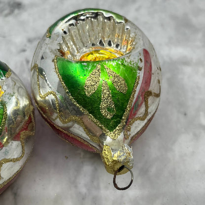 Lot of 3 Vtg Recessed Teardrop Mica Stencil Blown Mercury Glass Ornaments OT2