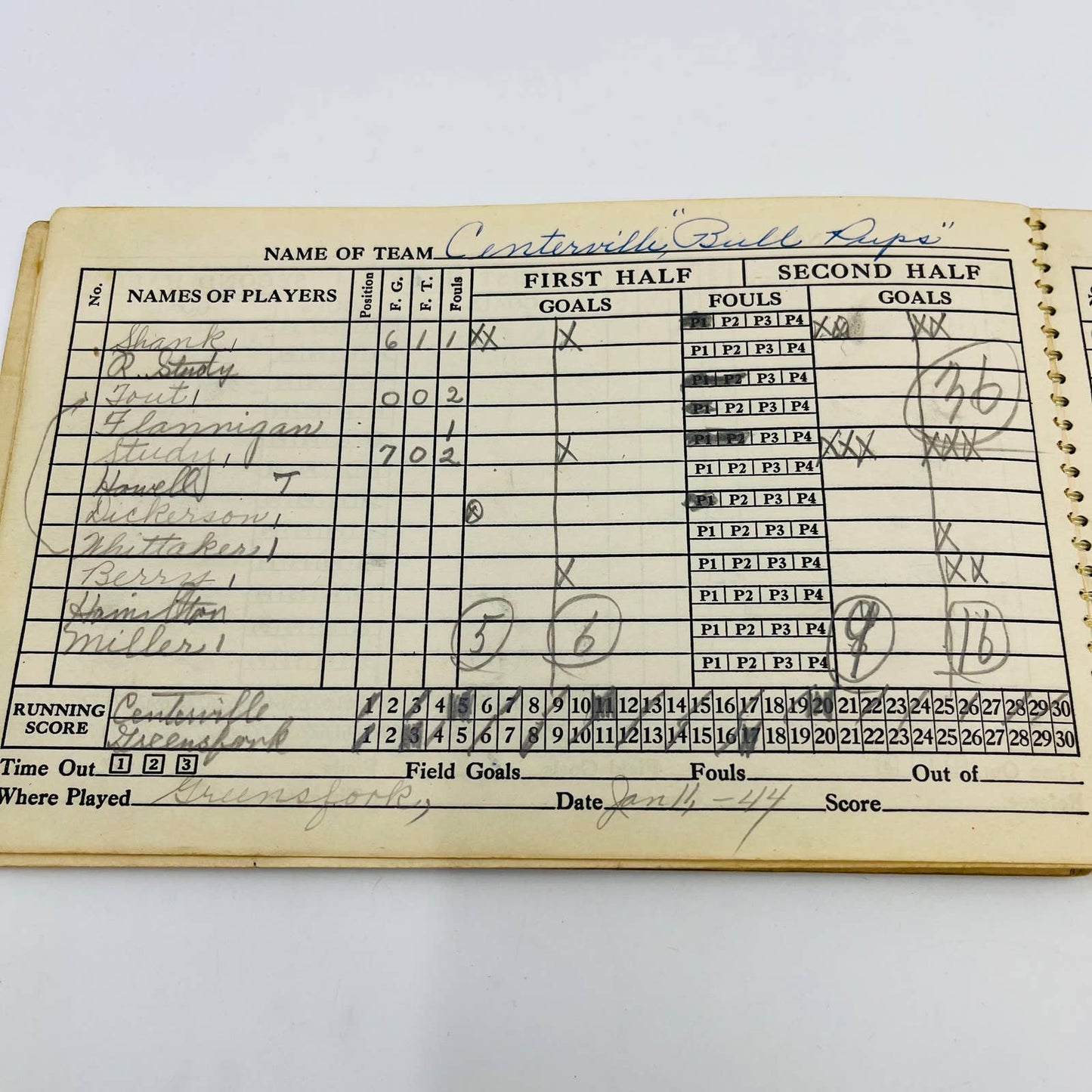 1944 Spalding Official Basketball Score Book Centerville Indiana Junior High TC5