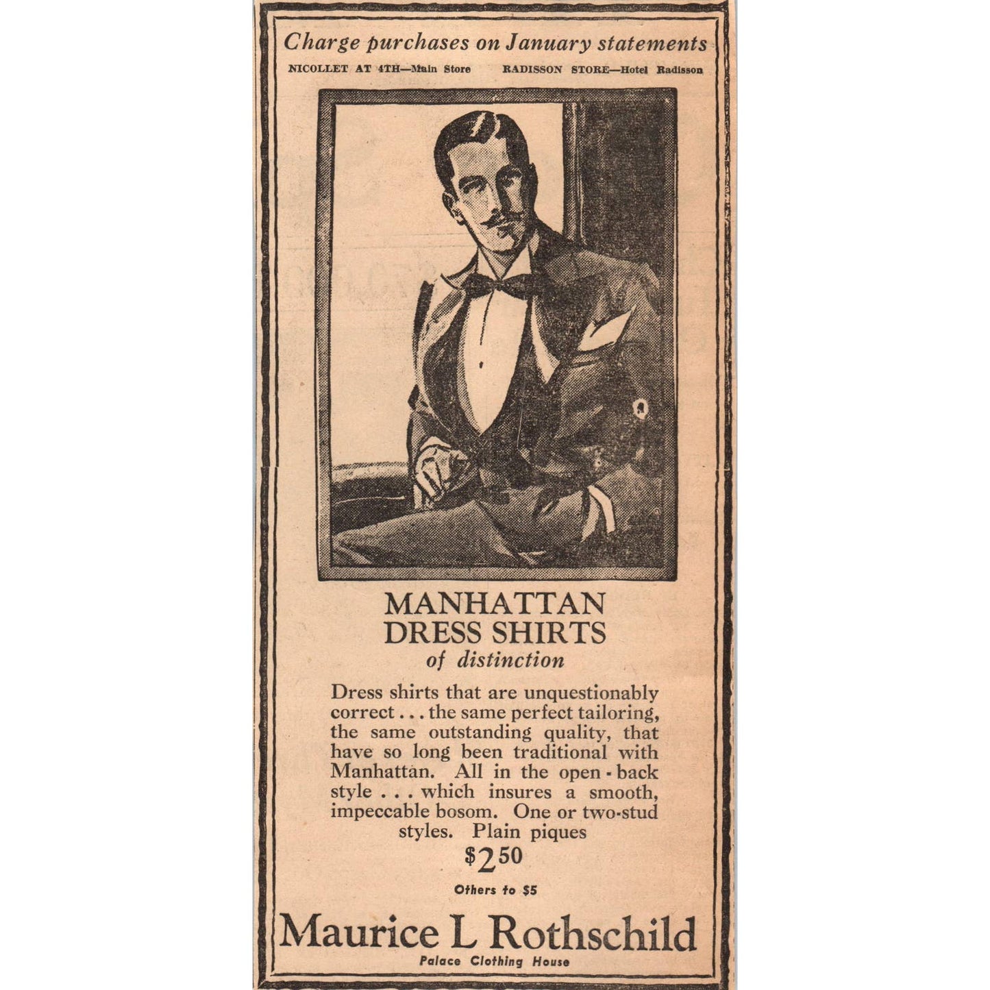 1935 Mpls Journal Newspaper Ad Maurice L Rothschild Manhattan Dress Shirts FL5-3