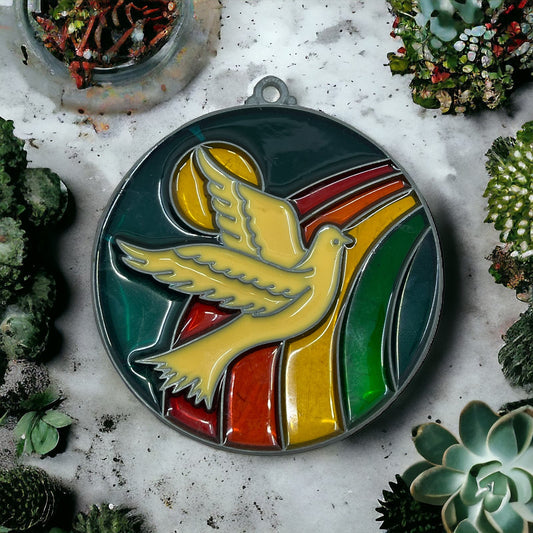 1980s Peace Dove Bird Rainbow Stained Glass Suncatcher 3.75" TE5-S1