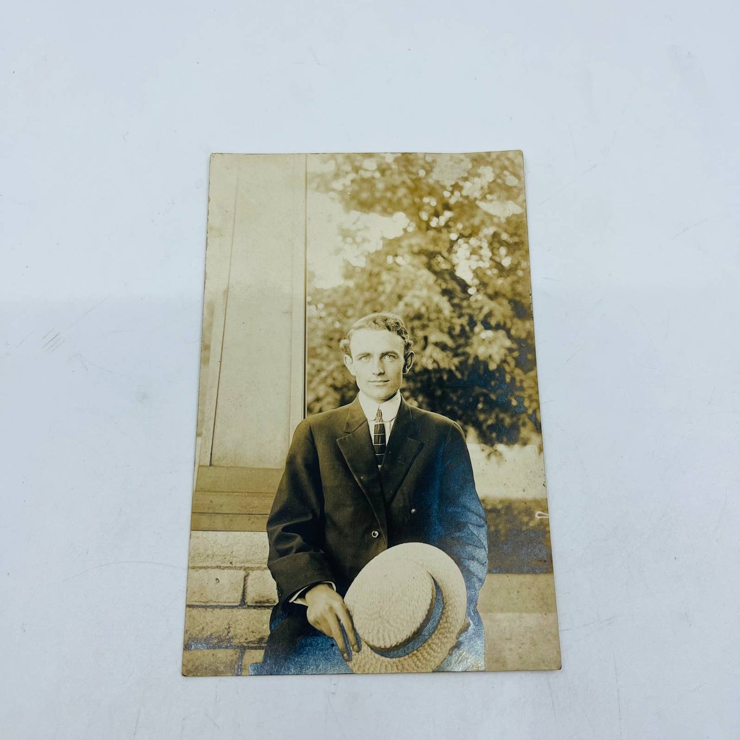 Early 1900s RPPC Portrait Man in Suit With Straw Hat PA9