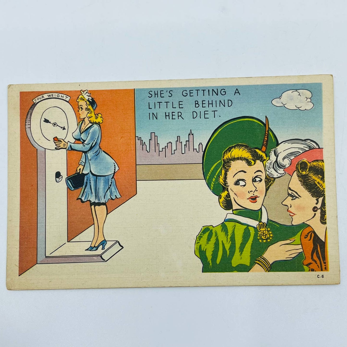 Vintage Post Card Humor Buxom Woman On Scale Overweight Diet Joke PA6