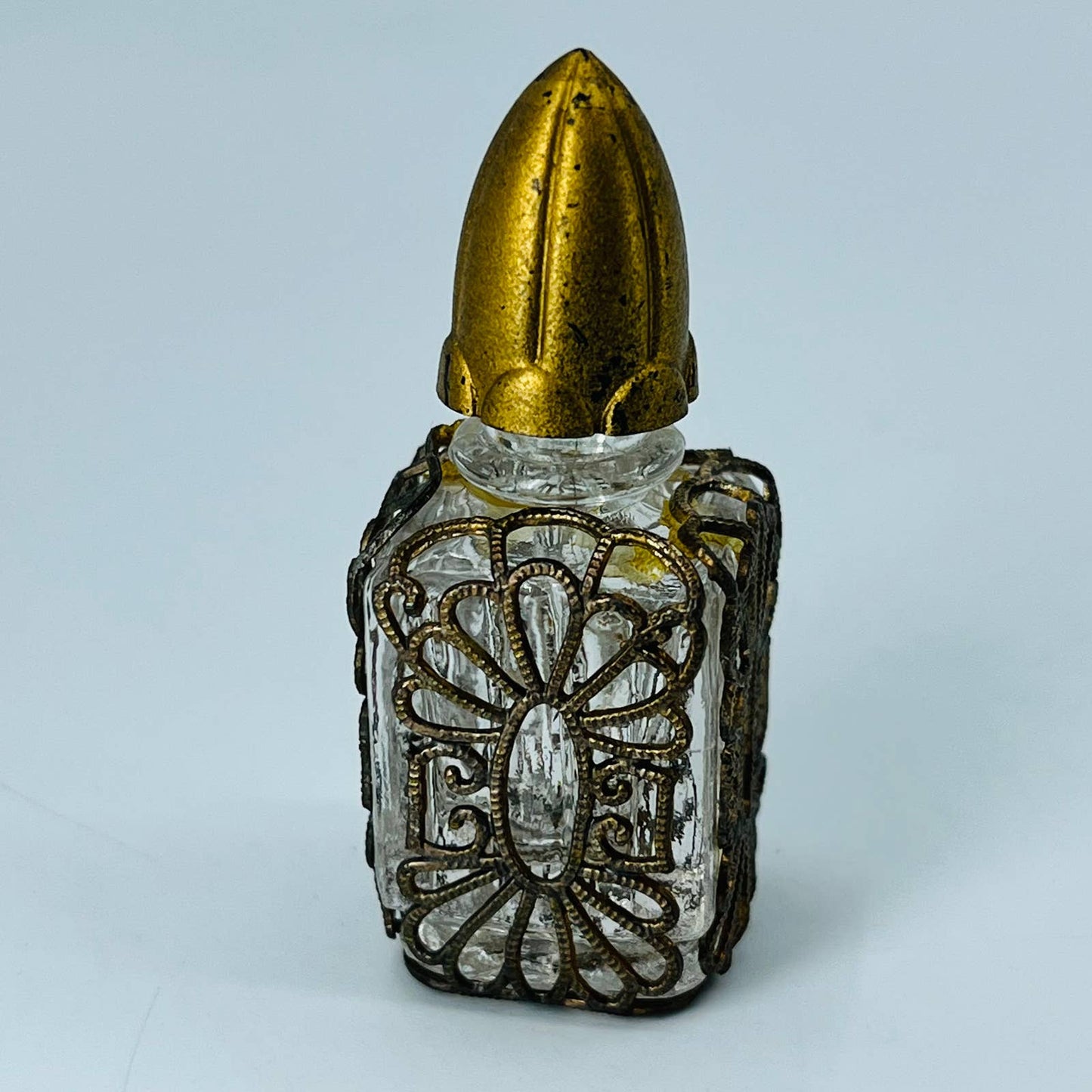 Antique Mini Perfume Bottle Silver Lattice Over Glass Applicator Attached SA6