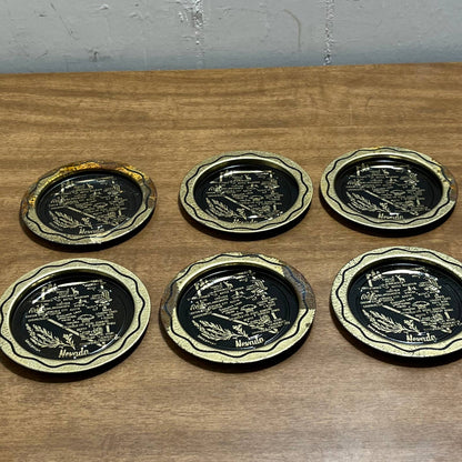 Vintage Black & Gold Metal State Souvenir Coaster Plaque Set of 6 Nevada 11” TG8