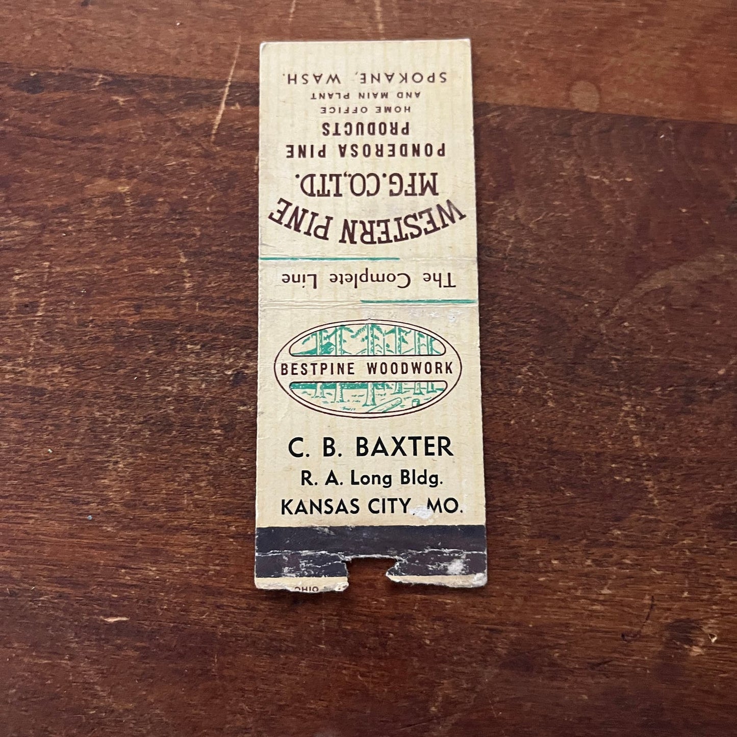 Bestpine Woodwork C.B. Baxter Kansas City MO Advertising Matchbook Cover SB3-M6