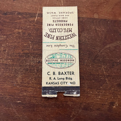 Bestpine Woodwork C.B. Baxter Kansas City MO Advertising Matchbook Cover SB3-M6