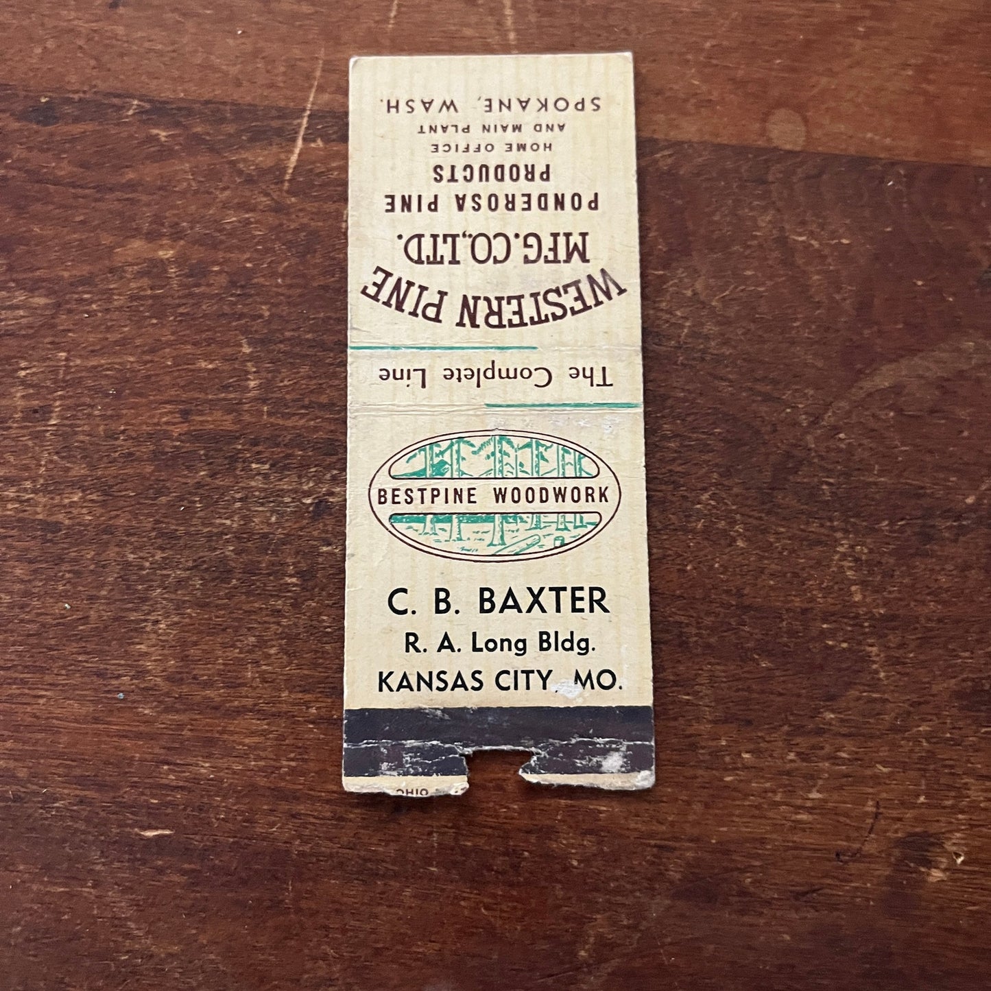 Bestpine Woodwork C.B. Baxter Kansas City MO Advertising Matchbook Cover MM11-4