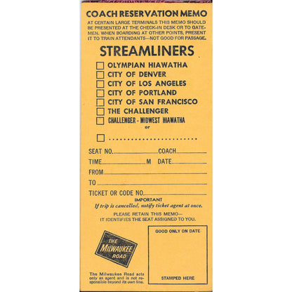 The Milwaukee Road RR Coach Reservation Streamliners Blank Memo Pad TJ7