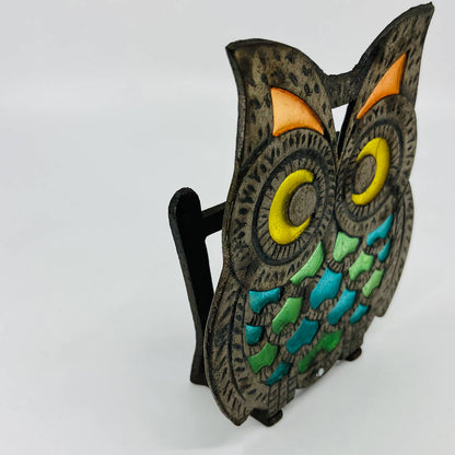 1970s Metal Owl Napkin Holder Letter Holder Cast Iron Stained Glass Style 6” TB6