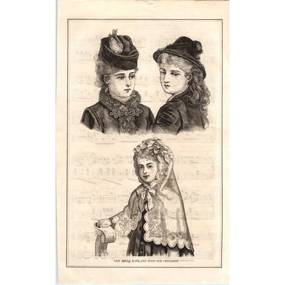 1878 Victorian Fashion Engraving New Style Hats and Hood for Children SF2