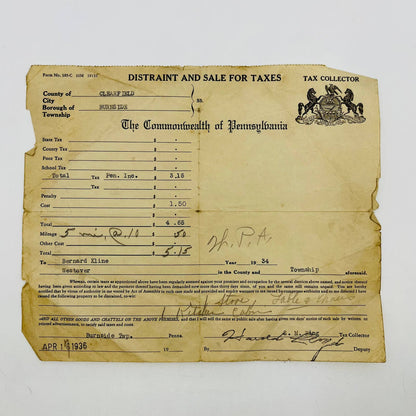 1934 Distraint & Sale For Taxes Form Burnside, Clearfield County PA D2