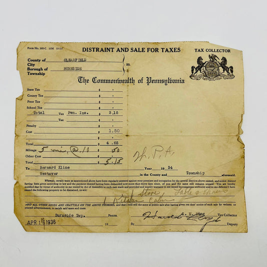 1934 Distraint & Sale For Taxes Form Burnside, Clearfield County PA D2