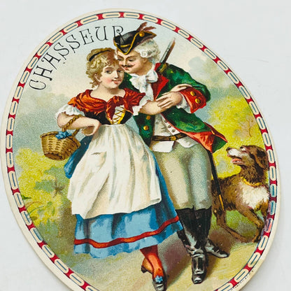 1880s Victorian Oval French Card Chasseur Hunter Colonial Couple w Dog 4.5”  AA2