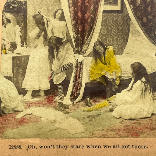 1899 Stereoview Card Victorian Ladies Getting Dressed For a Party H3-2