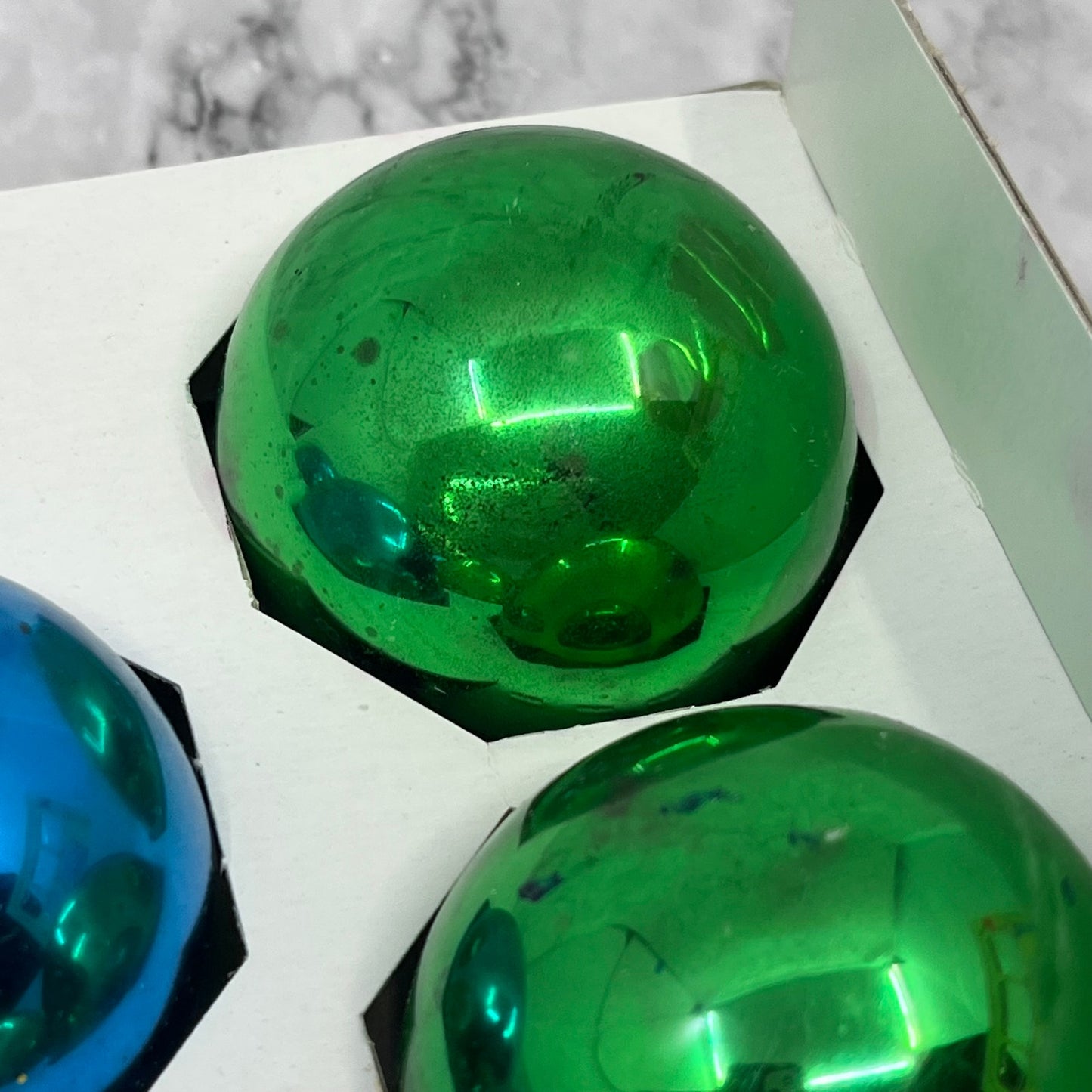 HOLLY 8 Vintage 2 1/4" Mercury Glass Ornaments Original Box Blue Green TK3