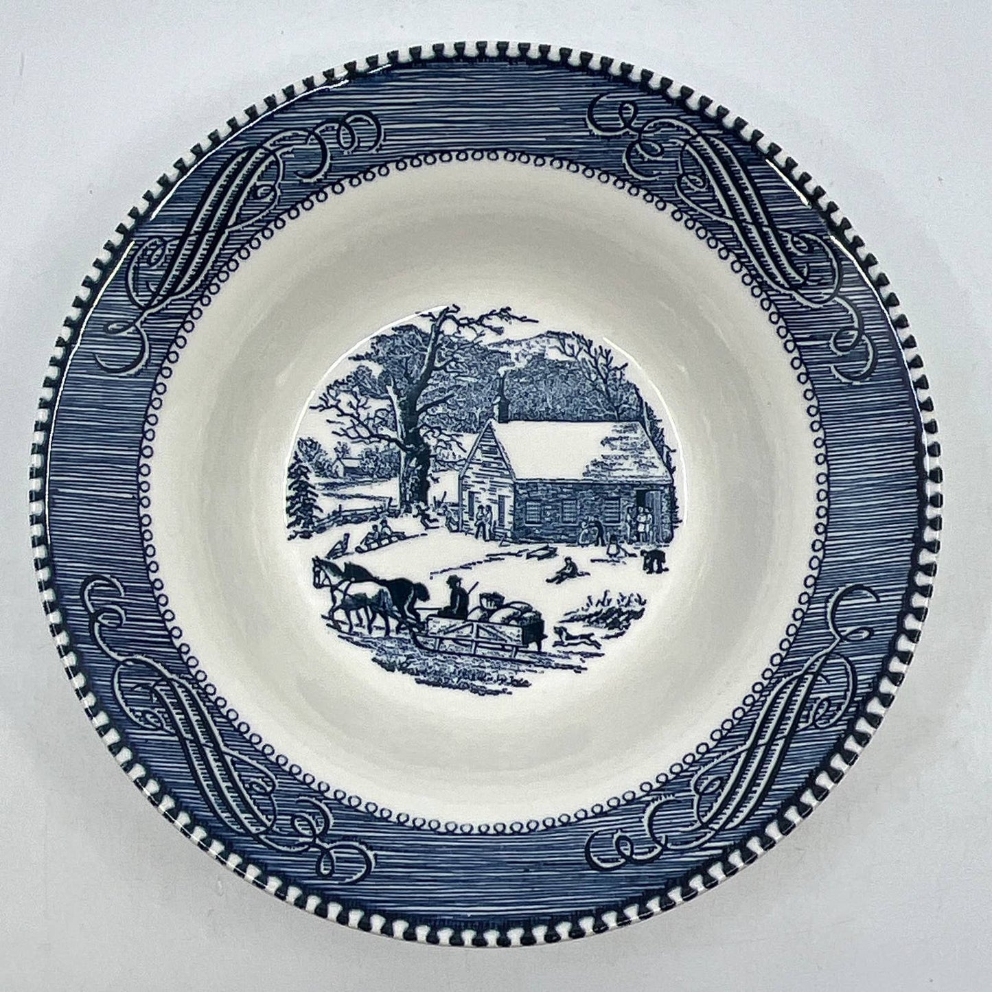 Currier and Ives Bowl Early Winter Schoolhouse Horse Buggy 6 1/4" Blue TI3-2