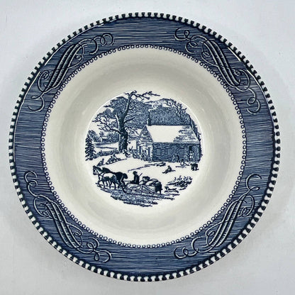 Currier and Ives Bowl Early Winter Schoolhouse Horse Buggy 6 1/4" Blue TI3-2