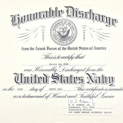 1965 Navy Honorable Discharge Certificate Harold J Cook WR Cobean USS Monroe FL3