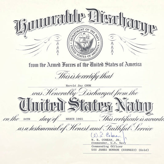 1965 Navy Honorable Discharge Certificate Harold J Cook WR Cobean USS Monroe FL3