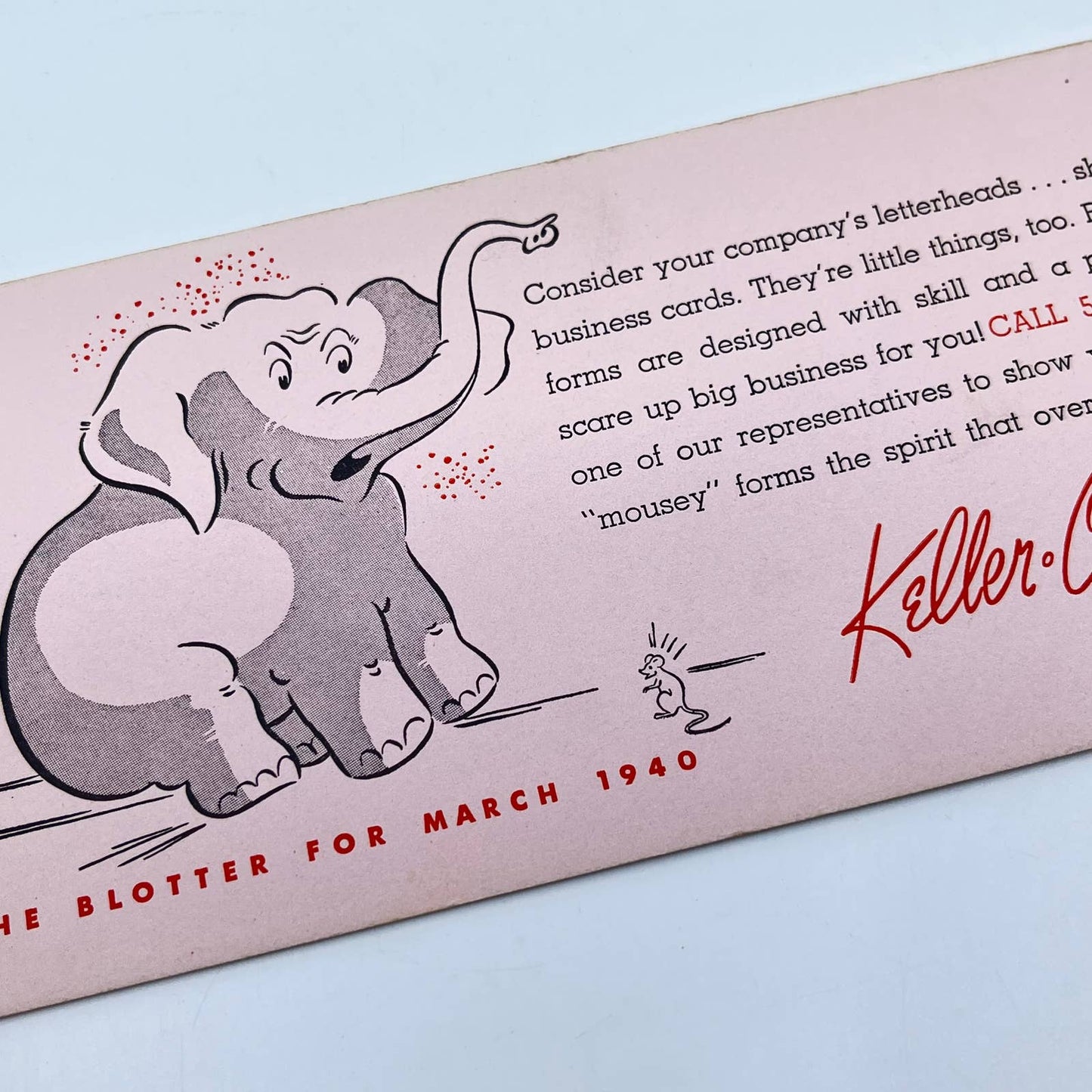 1940s Blotter Card Elephant & Mouse Keller-Crescent Co. Evansville IN SC9