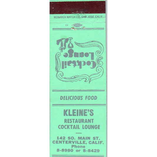 Kleine's Restaurant Centerville California Advertising Matchbook Cover SA9-M10