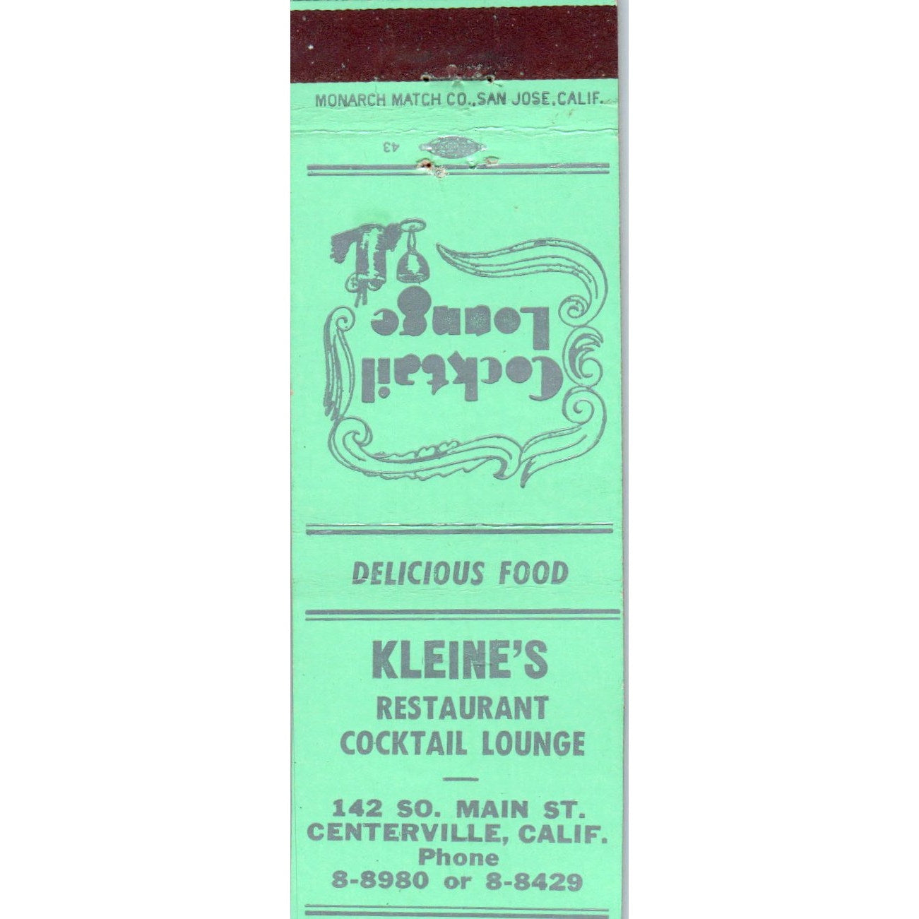 Kleine's Restaurant Centerville California Advertising Matchbook Cover MM9-1