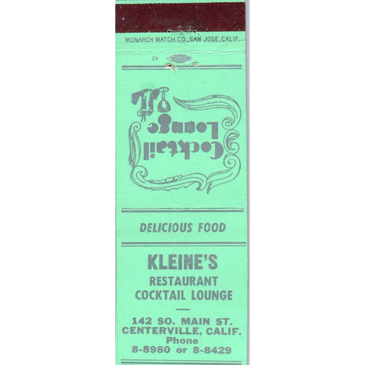 Kleine's Restaurant Centerville California Advertising Matchbook Cover MM9-1