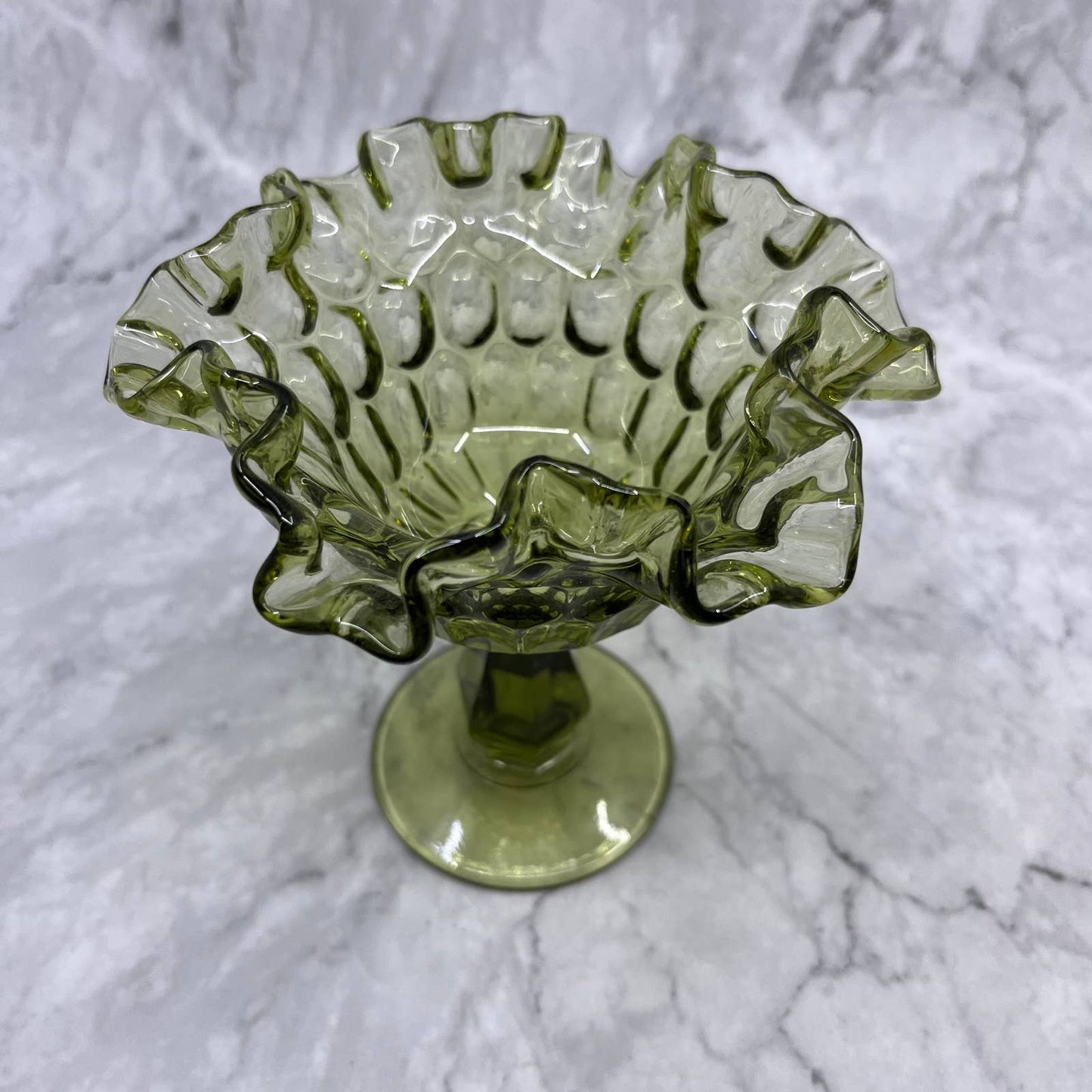 Vintage Fenton Green Ruffled Rim Thumbprint Compote Pedestal Candy Dish 6” TA2