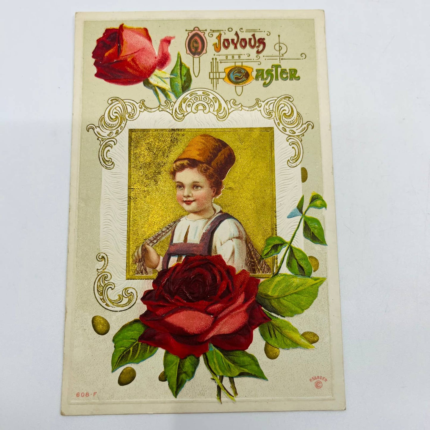 1910s Easter Post Card Embossed Dresden Little Boy Roses Art Deco Gilt PA5