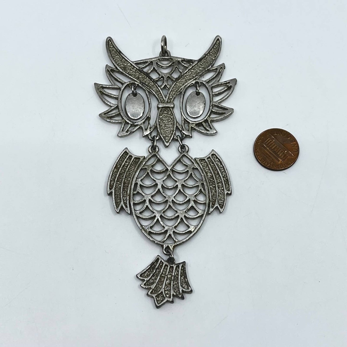 1970s Boho Articulated Owl Pendant Charm Silver Tone Medallion Large SD3