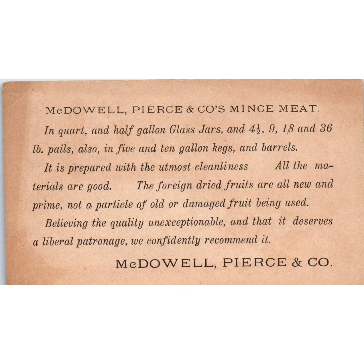 1880s Victorian Trade Card McDowell, Pierce and Co Mince Meat SE8