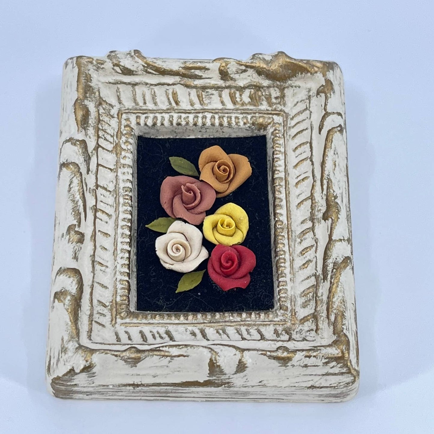 Vtg Mini Art Relief Roses Chalkware Ornate Frame SD1