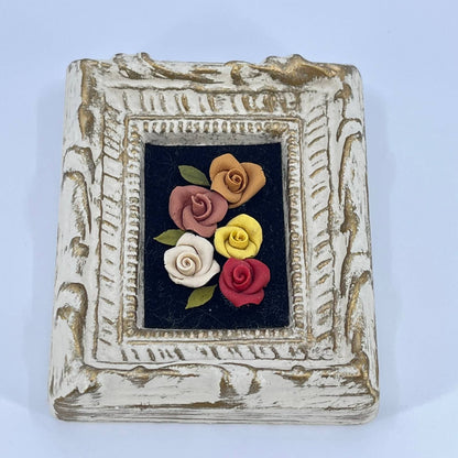 Vtg Mini Art Relief Roses Chalkware Ornate Frame SD1