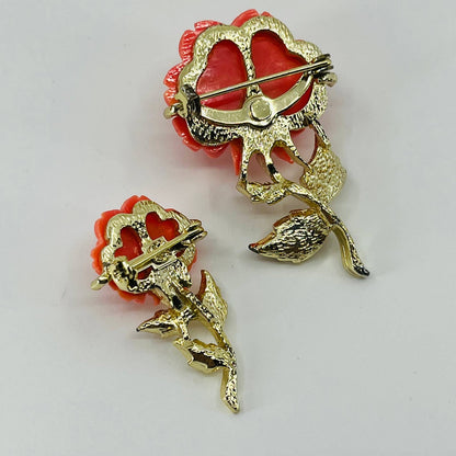 1930s Art Deco Coral Color Flower Brooch Gold Tone Stem and Leaves Set of 2 SA6